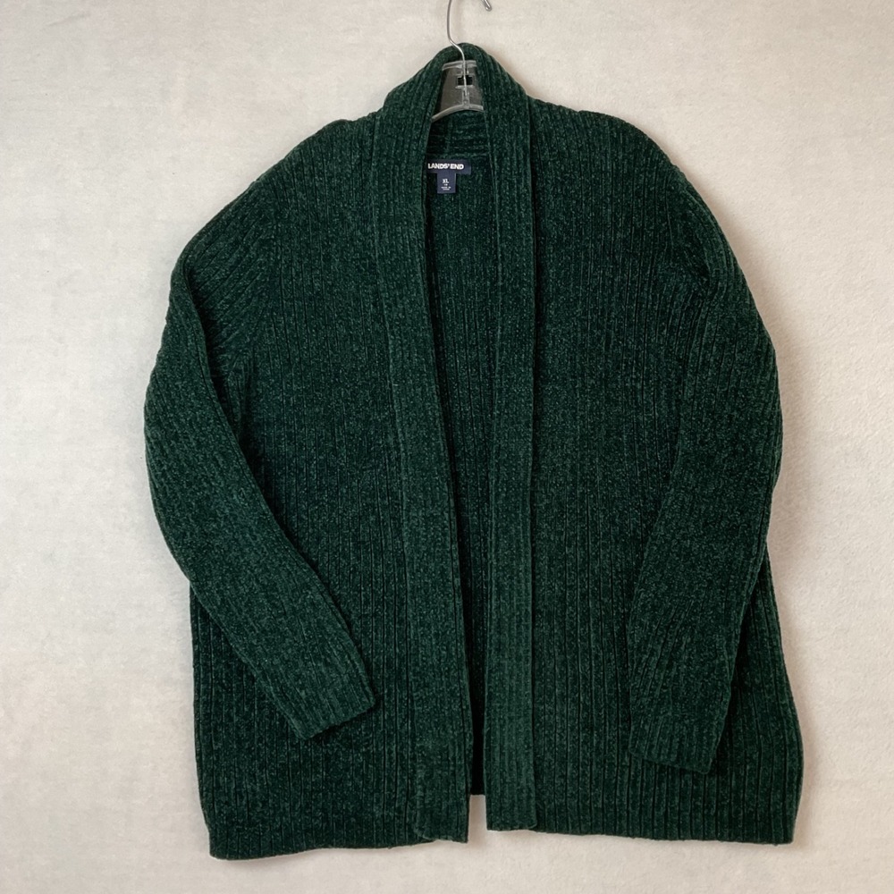 Lands End Womens XL Green Chenille Ribbed Open Front Shawl Cardigan Sweater